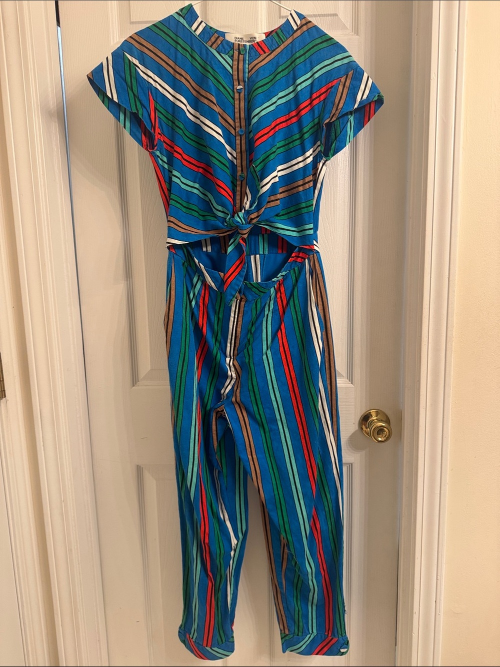 DVF Manning Striped Blue Tie-Front Jumpsuit